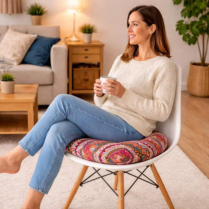 Une femme assise sur le Coussin de Chaise Rond Ethnique rouge 