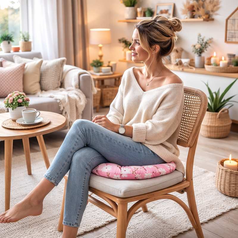 Ue femme assise sur le Coussin de Chaise Rond Fleur rose