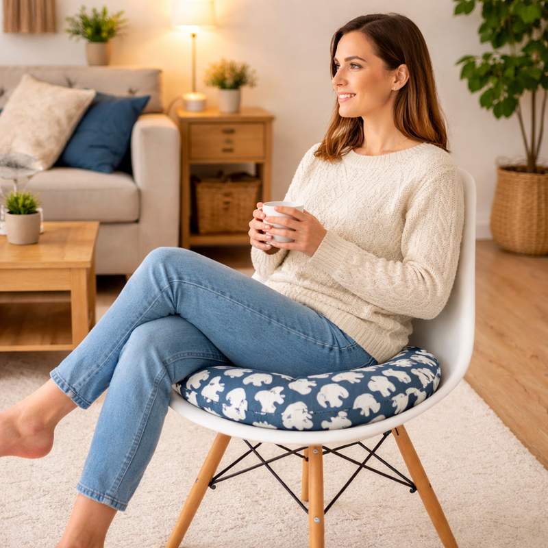Une femme assise sur le Coussin de Chaise Rond​ Ours bleu