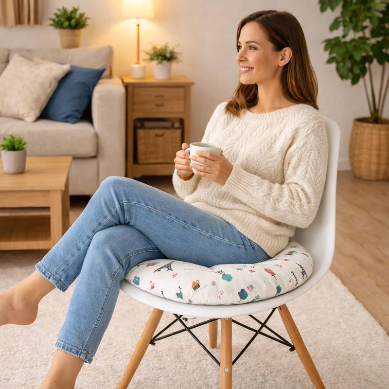 Une femme assise sur le Coussin de Chaise Rond​ Paris blanc