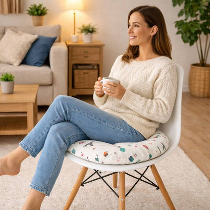 Une femme assise sur le Coussin de Chaise Rond​ Paris blanc
