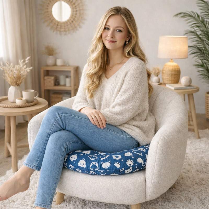 Une femme assise sur e Coussin de Chaise Rond chat bleu