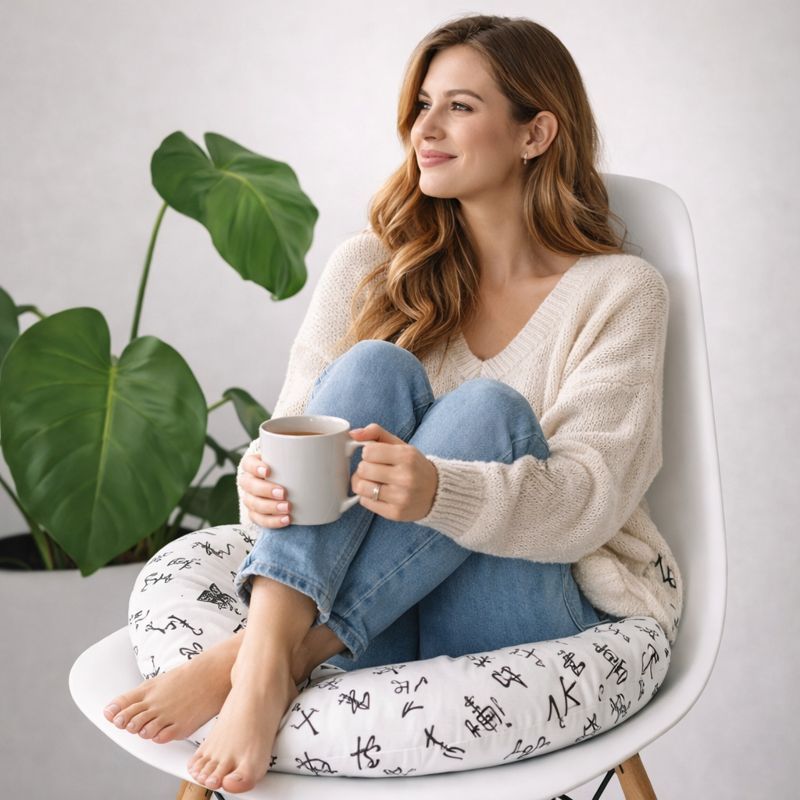 Une femme assise sur le Coussin de Chaise Rond Écriture blanc

