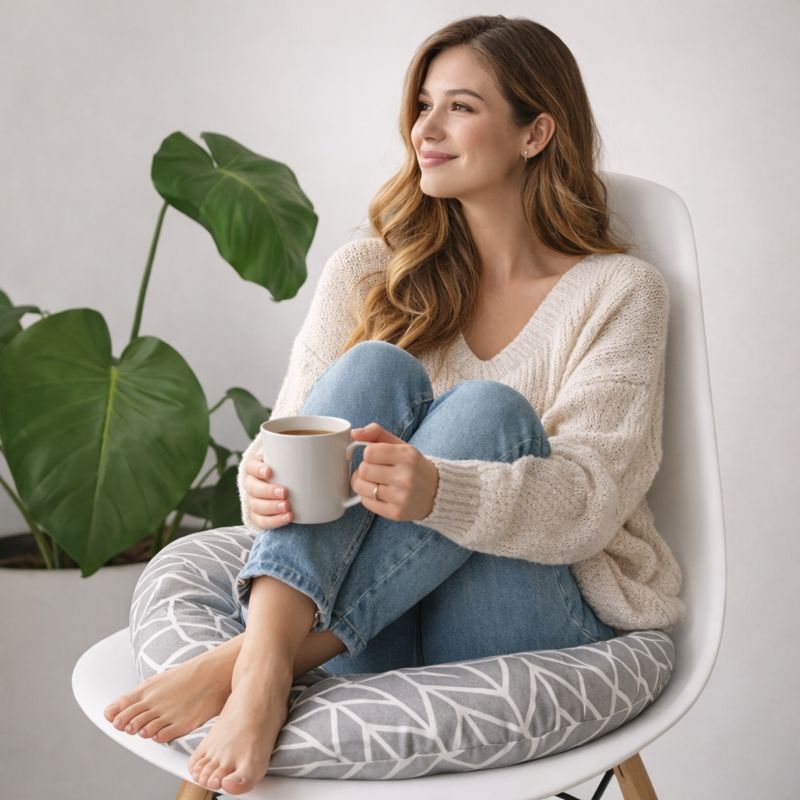 Une femme assise sur Coussin de Chaise Rond gris