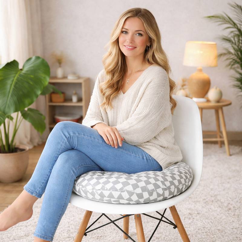 Une femme assise sur le Coussin de Chaise Rond gris blanc