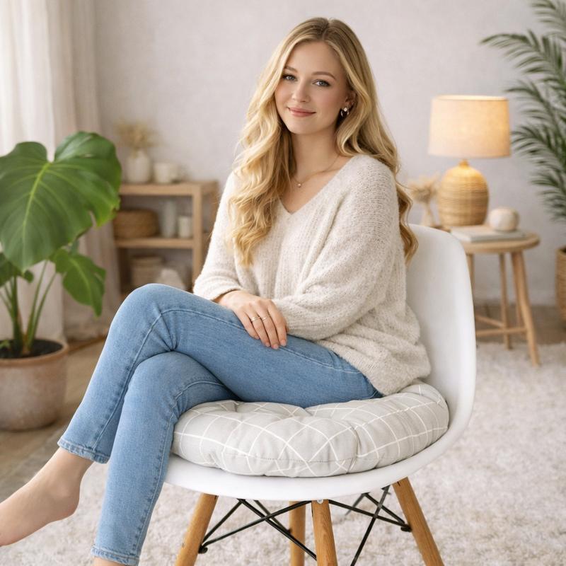 Une femme assise sur le Coussin de Chaise Rond gris clair