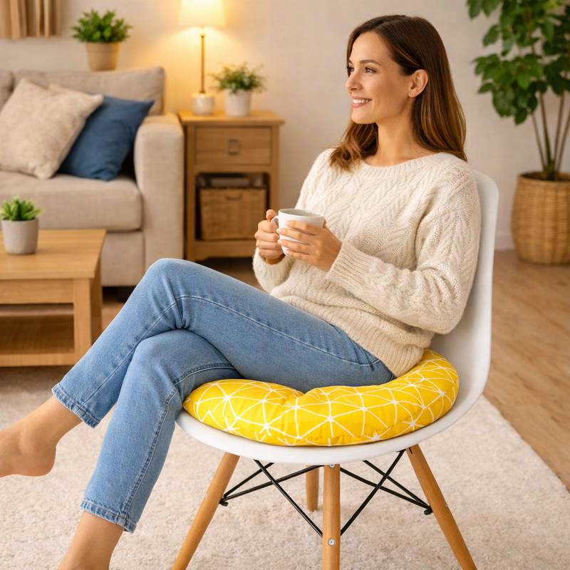Une femme assise sur le Coussin de Chaise Rond​ jaune