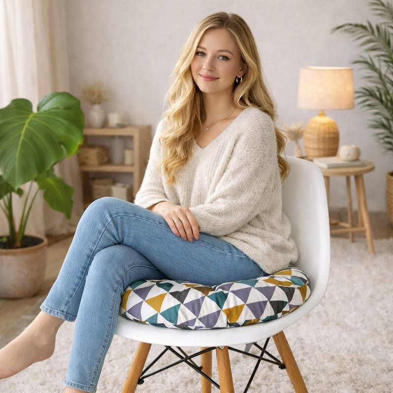 Une femme assise sr le Coussin de Chaise Rond multicolore