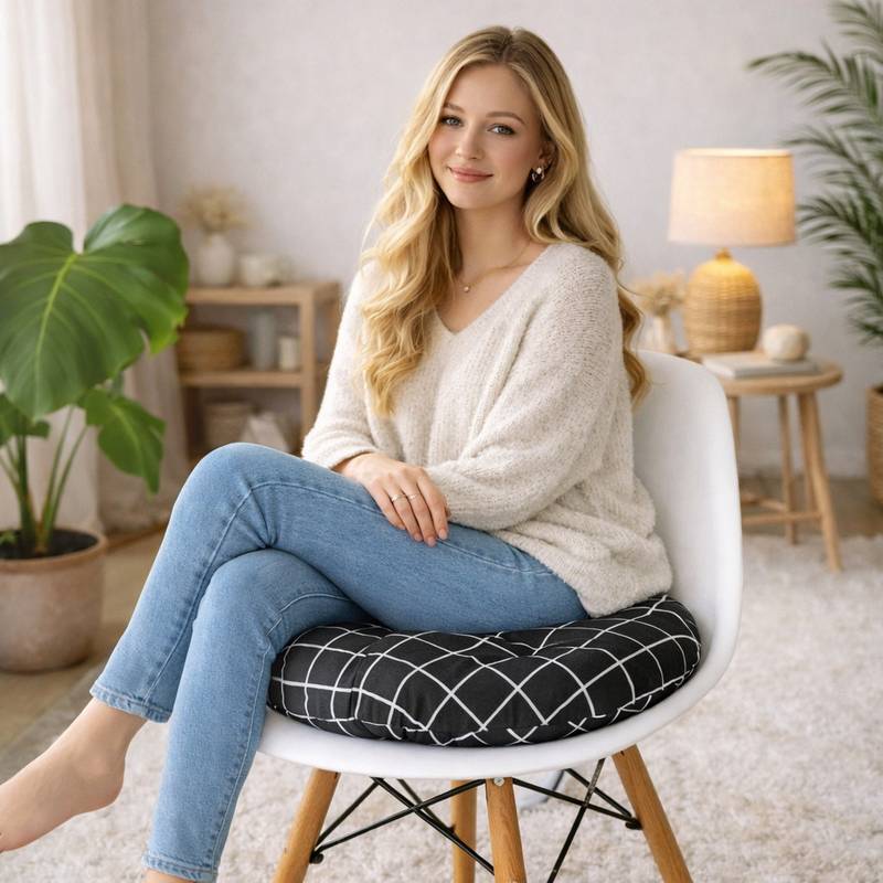 Un femme assise sur le Coussin de Chaise Rond noir