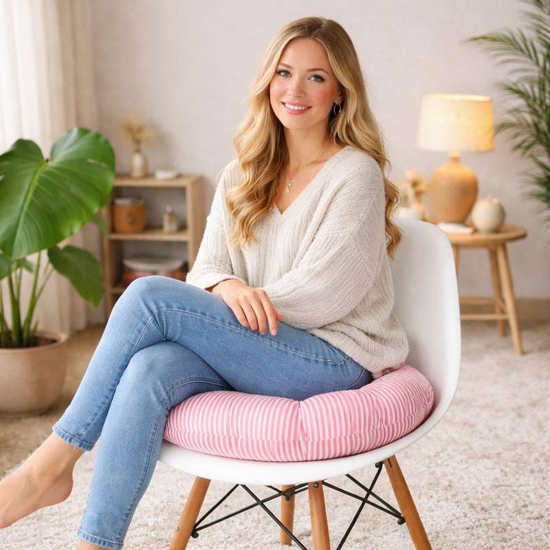 Une femme assise sur le Coussin de Chaise Rond rose