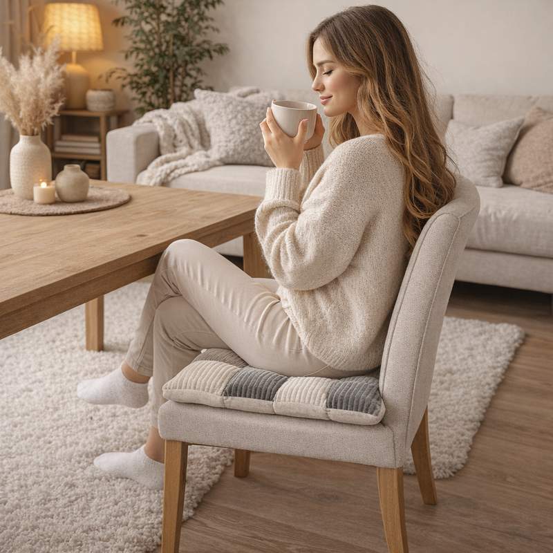 Une femme assise sur le Coussin de Chaise en Velours Côtelé gris