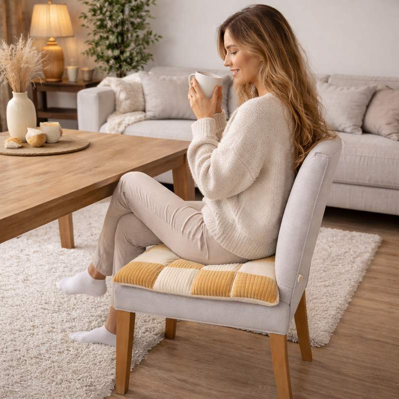 Une femme assis*e sur le Coussin de Chaise en Velours Côtelé jaune