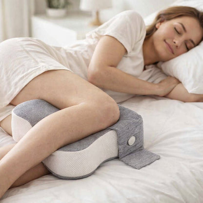 Une femme utilise le Coussin de Genoux pour Dormir gris​ 