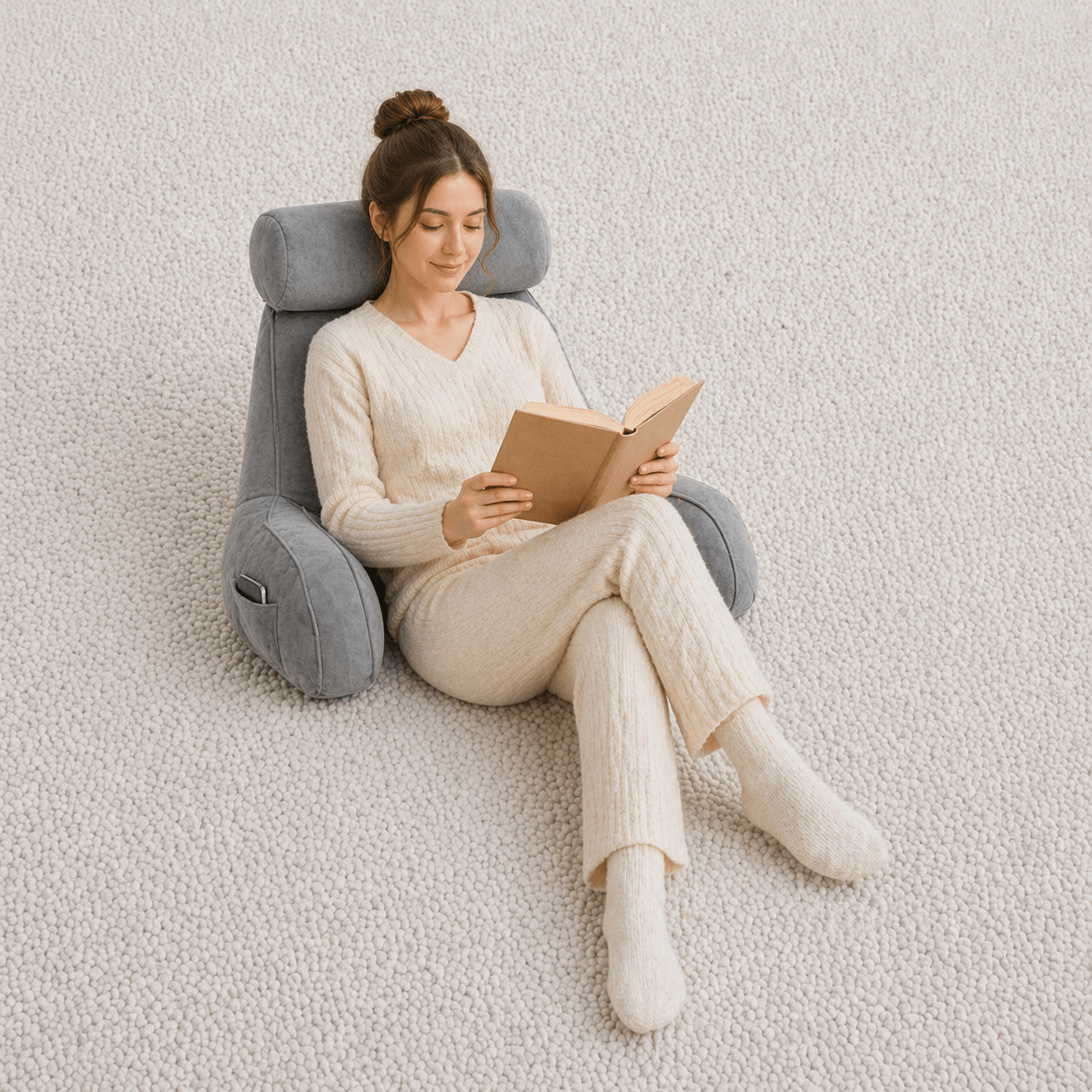 Une femme utilise le Coussin de Lecture à Accoudoirs Gris 