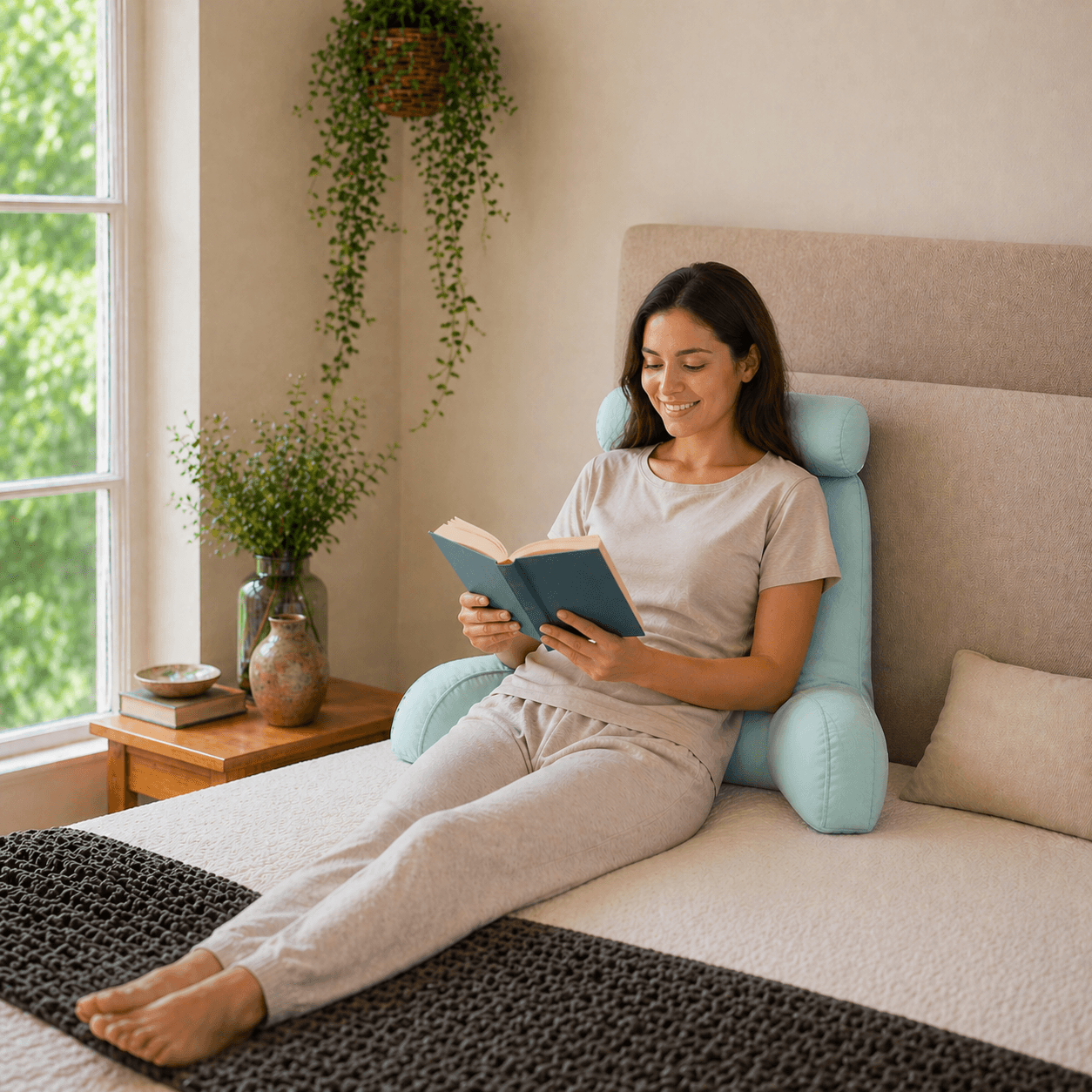 Une femme utilise le Coussin de Lecture pour Lit Bleu Clair
