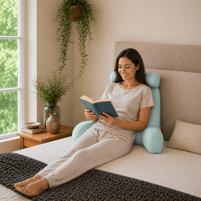 Une femme utilise le Coussin de Lecture pour Lit Bleu Clair