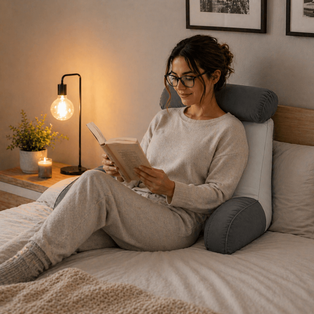 Une femme utilise le Coussin de Lecture pour Lit Gris Bicolore
