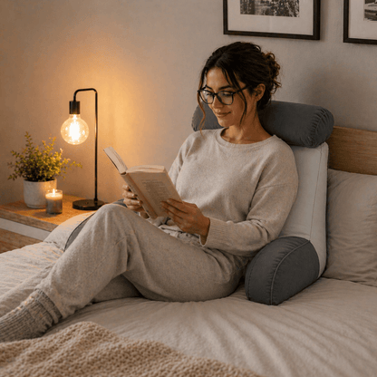 Une femme utilise le Coussin de Lecture pour Lit Gris Bicolore