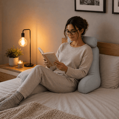 Une femme utilise le Coussin de Lecture pour Lit Gris Clair 