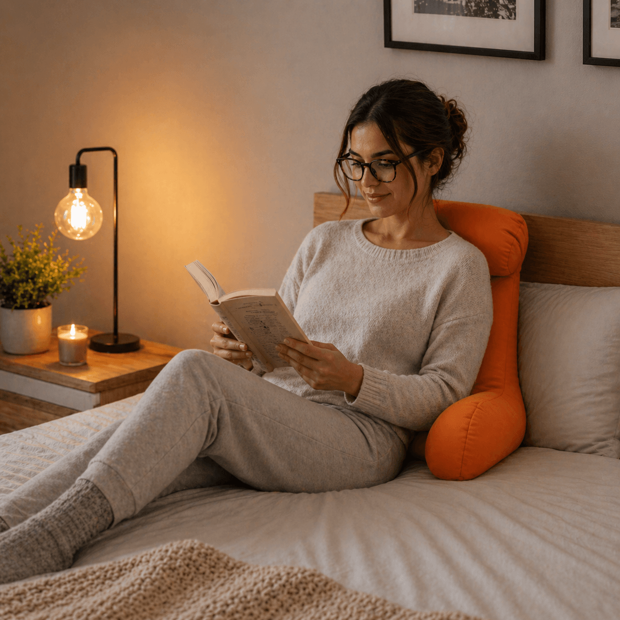Une femme utilise le Coussin de Lecture pour Lit Orange 