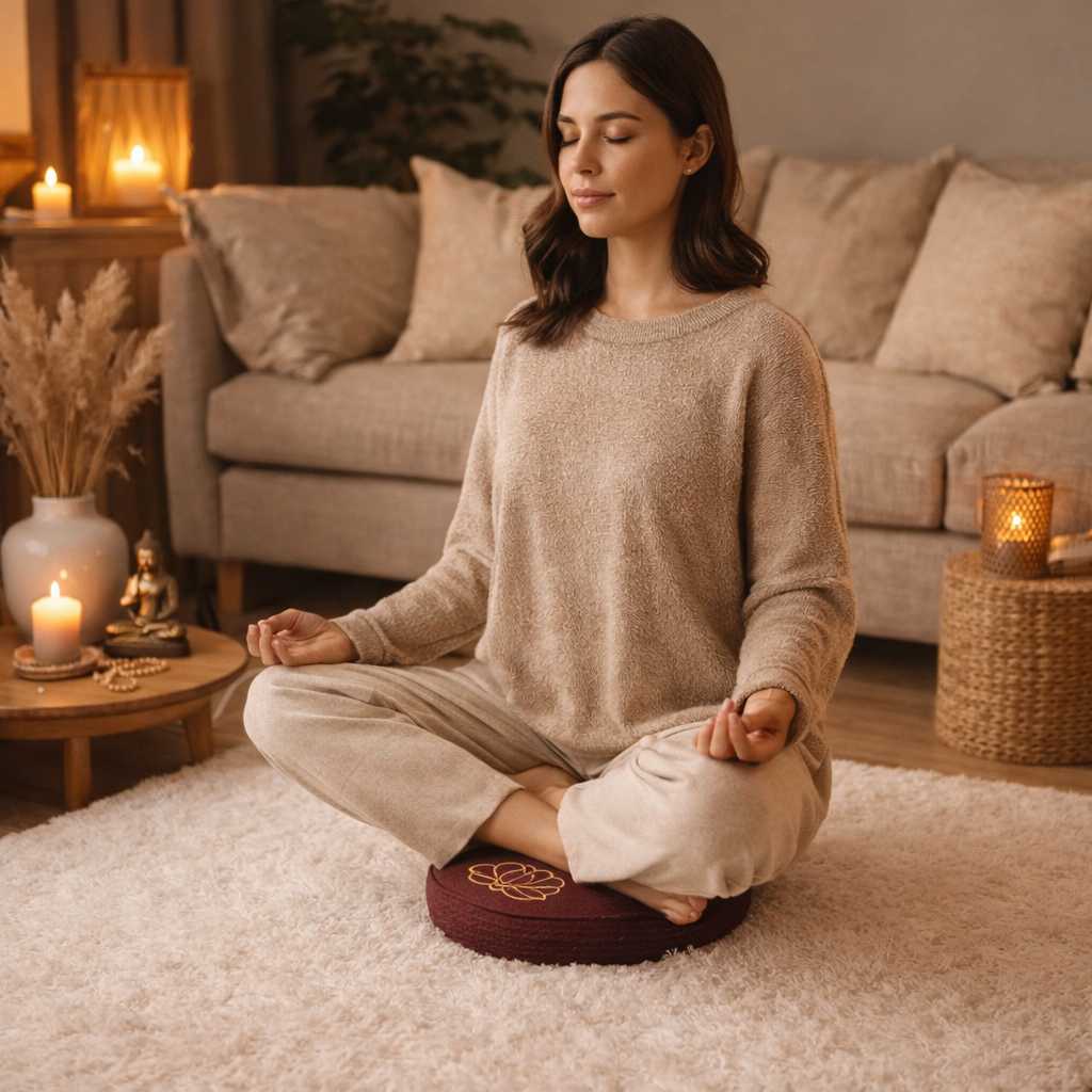 Une femme assise sur le Coussin de Méditation Bouddhiste bordeaux