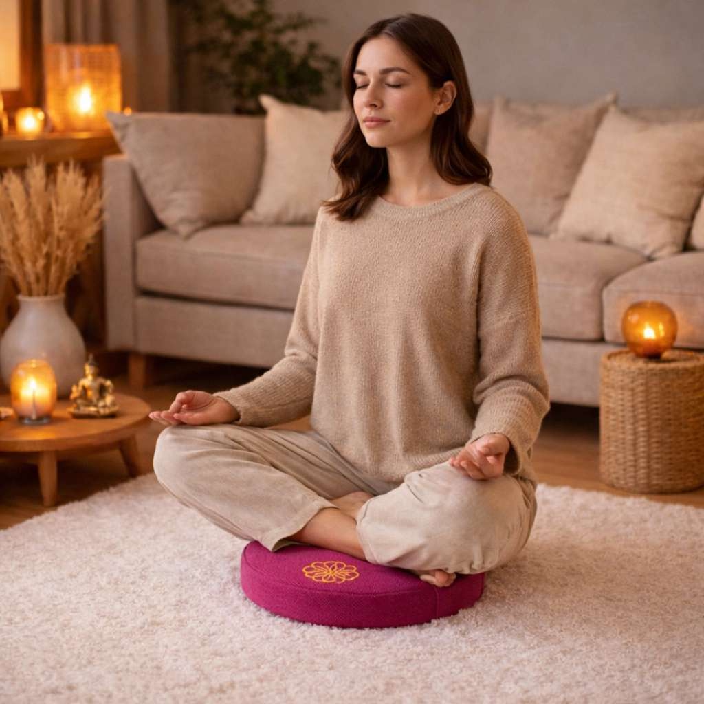 Une femme assise sur le Coussin de Méditation Bouddhiste fushia