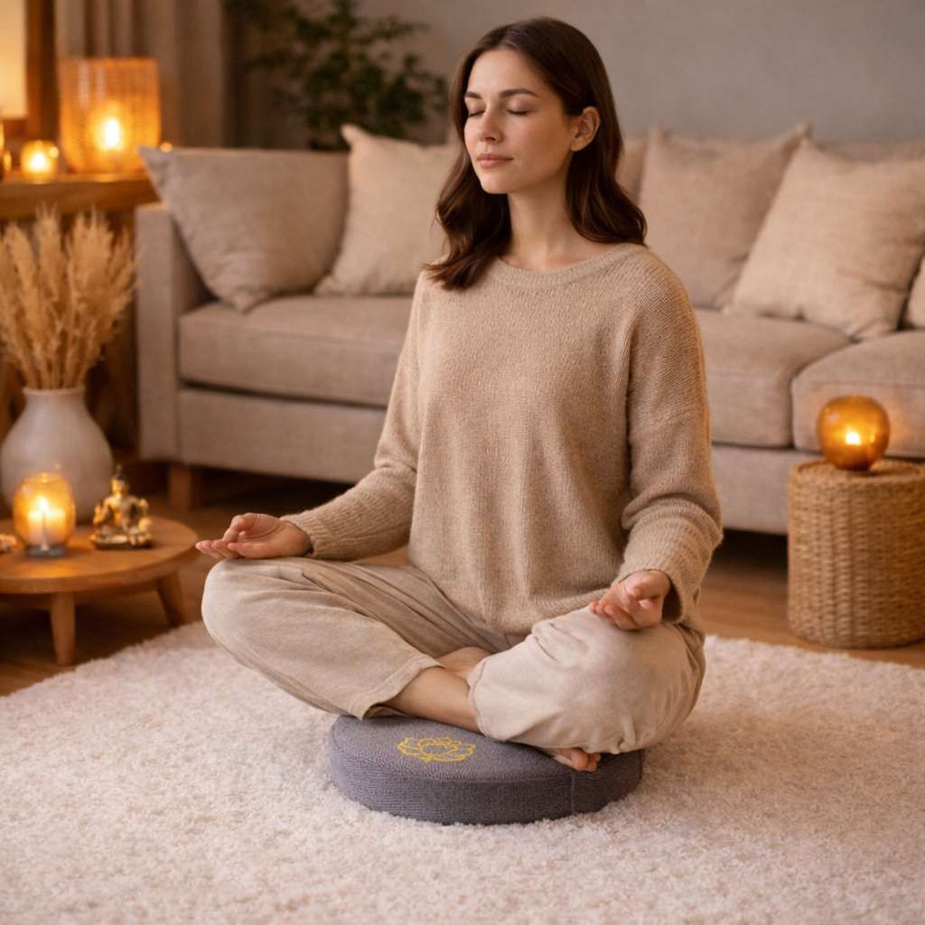 Une femme assise sur le Coussin de Méditation Bouddhiste gris