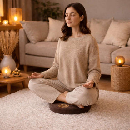 Une femme assise sur le Coussin de Méditation Bouddhiste marron