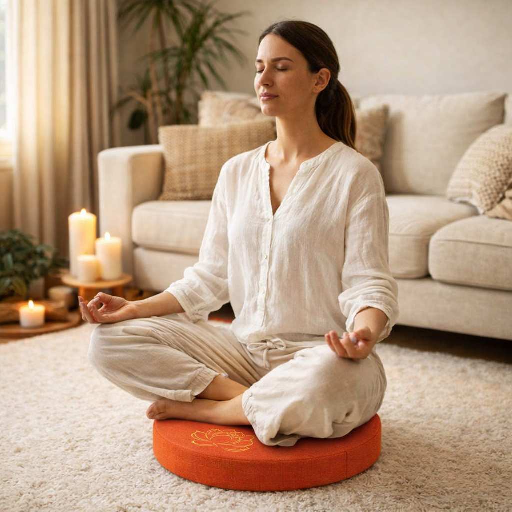 Une femme assise sur le Coussin de Méditation Bouddhiste orange