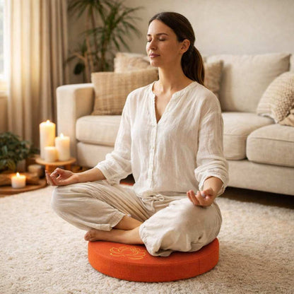 Une femme assise sur le Coussin de Méditation Bouddhiste orange