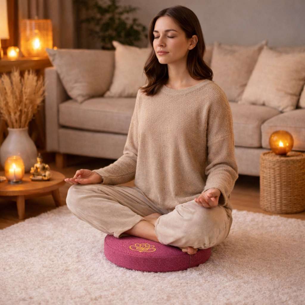 Une femme assise sur le Coussin de Méditation Bouddhiste rose