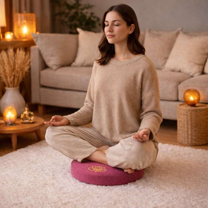 Une femme assise sur le Coussin de Méditation Bouddhiste rose