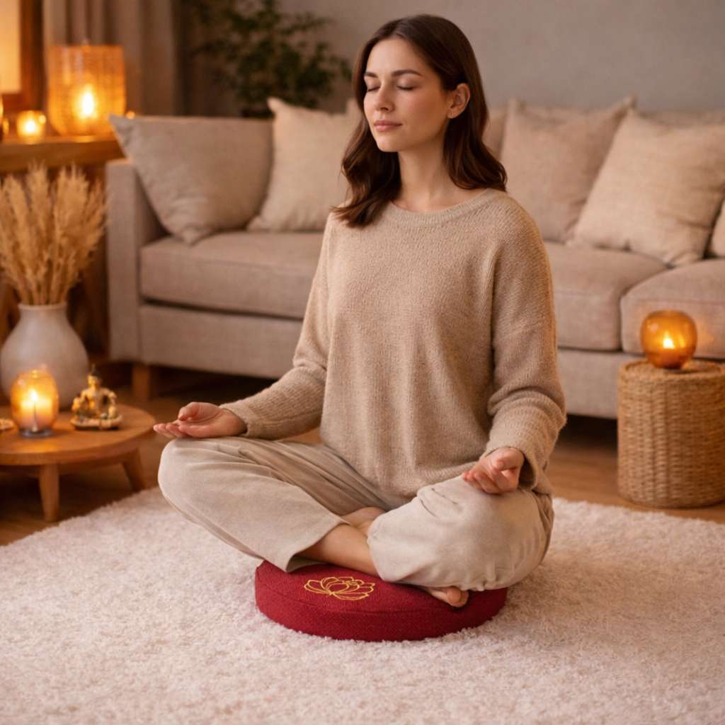 Une femme assis sur le Coussin de Méditation Bouddhiste rouge