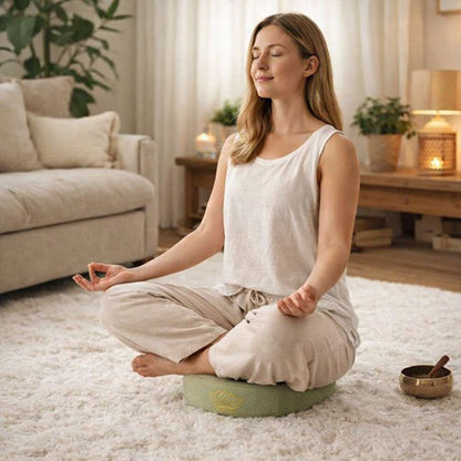 Une femme assise sur le Coussin de Méditation Bouddhiste vert