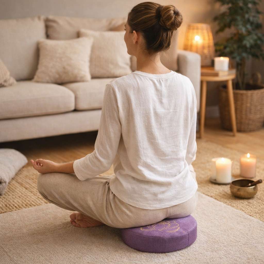 Une femme assise sur le Coussin de Méditation Bouddhiste violet