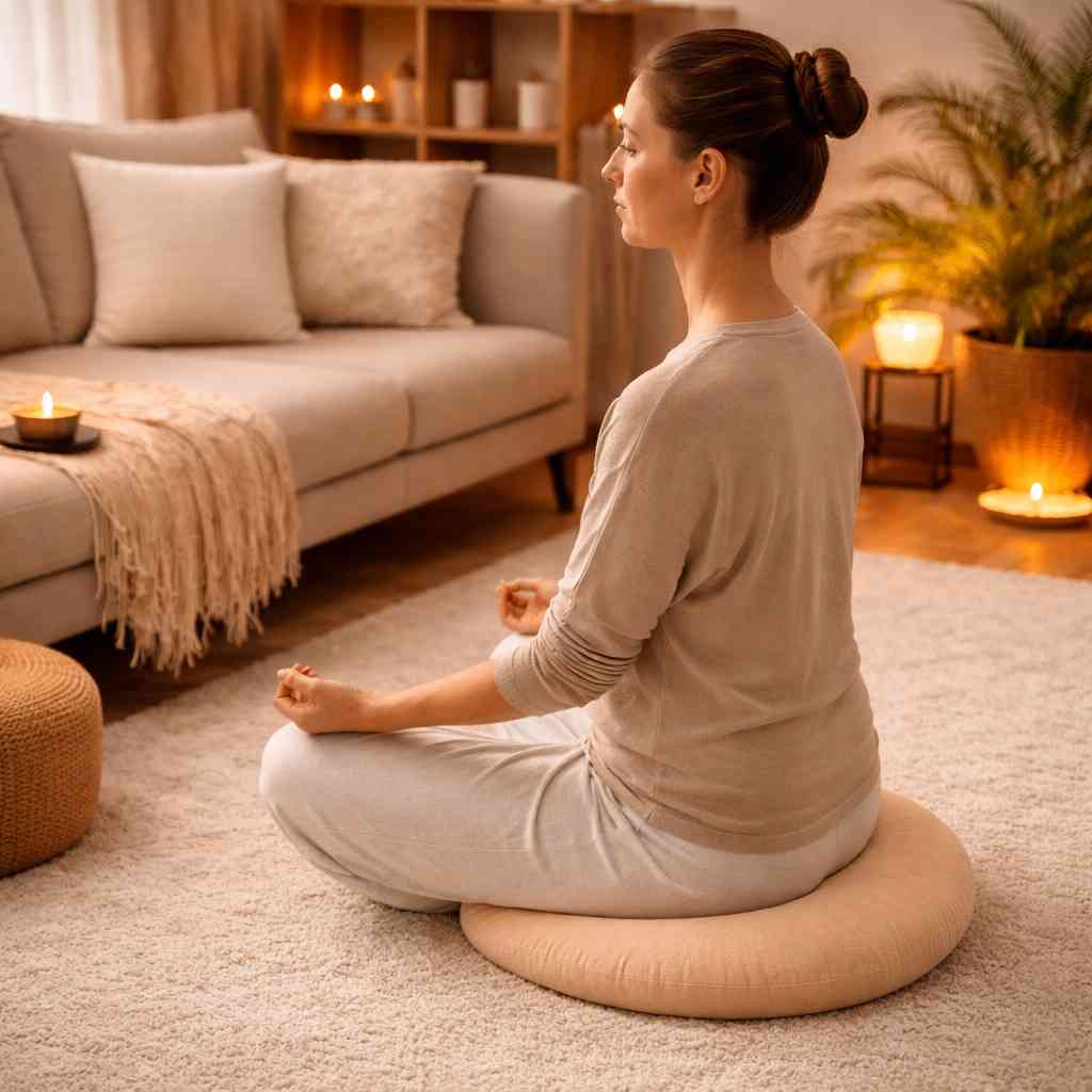 Une femme assise sur le Coussin de Méditation Zen beige​