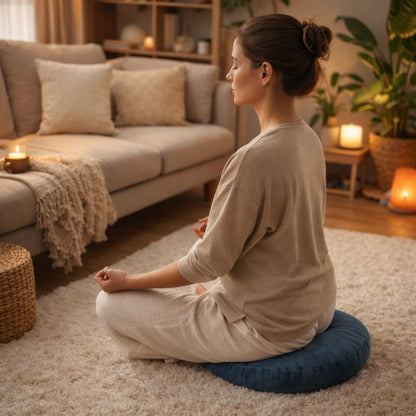 Une femme assise sur le Coussin de Méditation Zen bleu