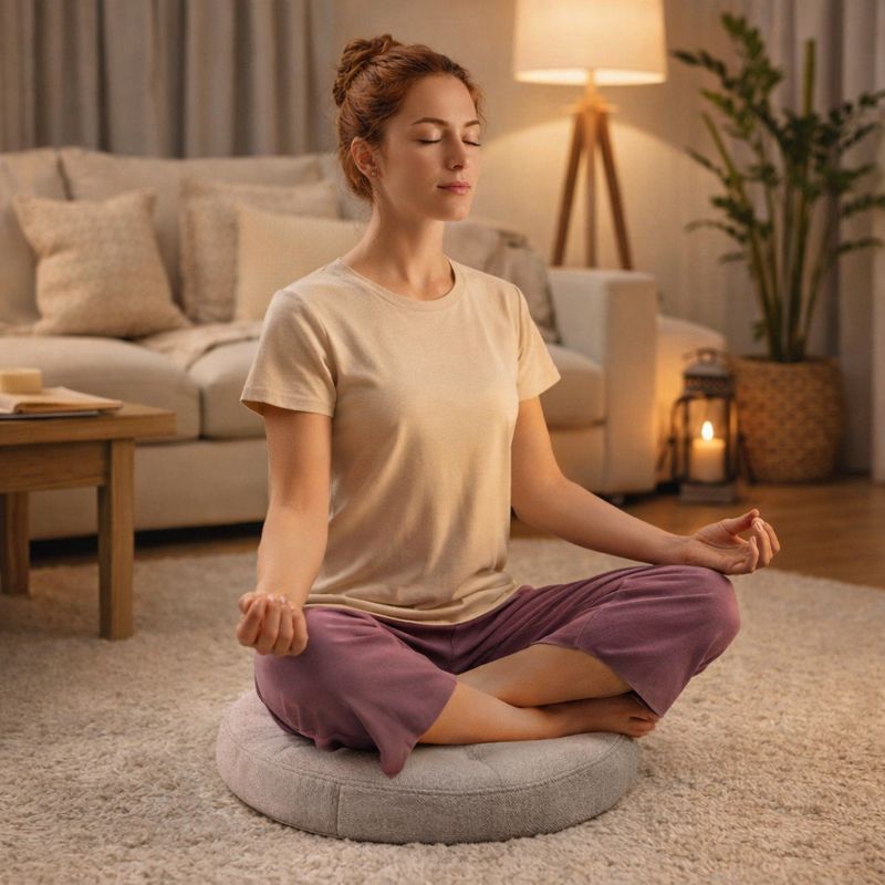 Une femme assise sur le Coussin de Méditation Zen gris 