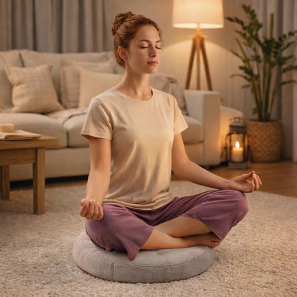 Une femme assise sur le Coussin de Méditation Zen gris 