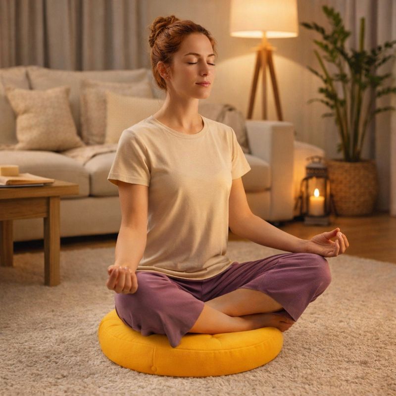 Une femme assise sur le Coussin de Méditation Zen jaune