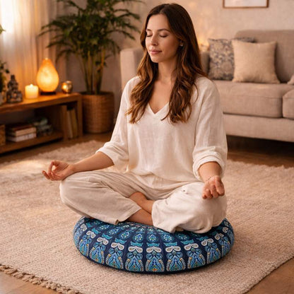 Une femme assise sur le Coussin de Méditation style Tibétain​ bleu