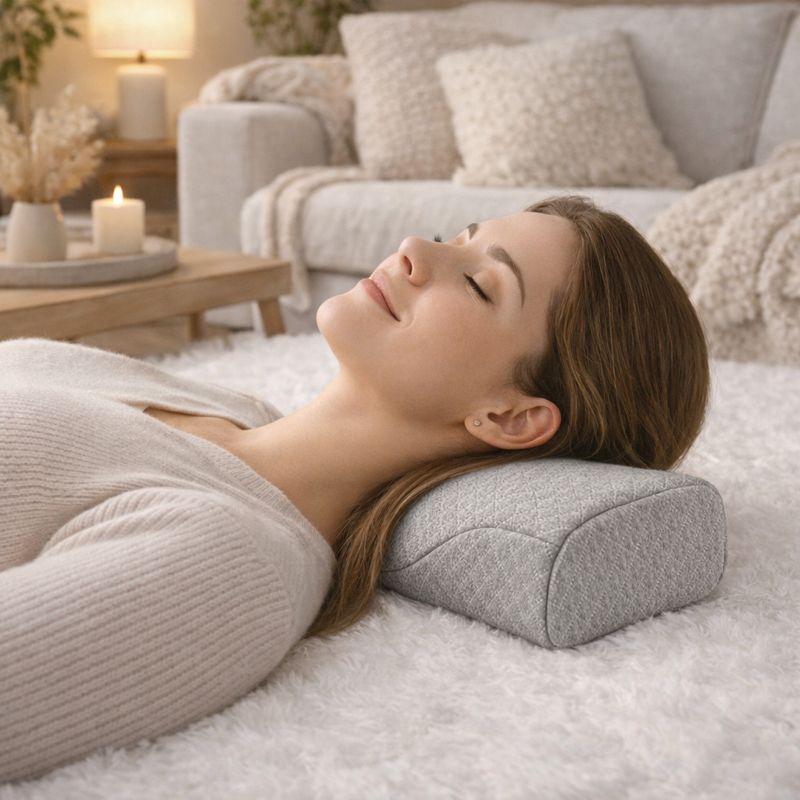 Une femme utilise le Coussin de Positionnement pour Cervical gris