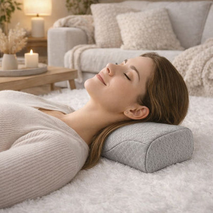 Une femme utilise le Coussin de Positionnement pour Cervical gris