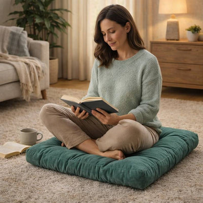 Une femme assise sur Coussin de Sol Grand vert