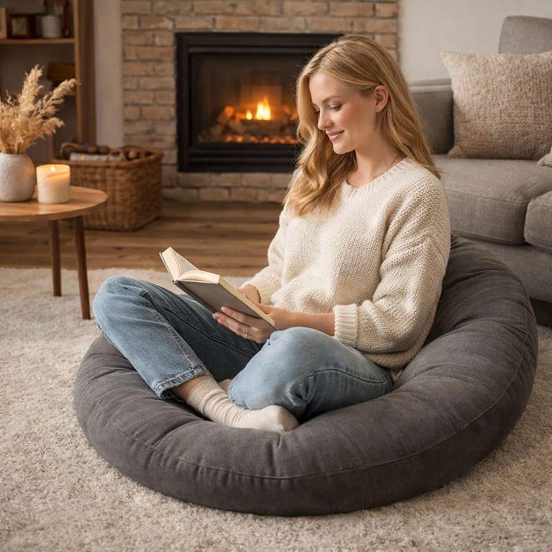 Une femme assis sur le Coussin de Sol Rond gris