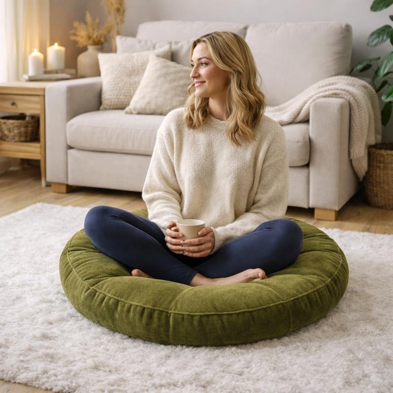 Une femme assise sur le Coussin de Sol Rond kaki