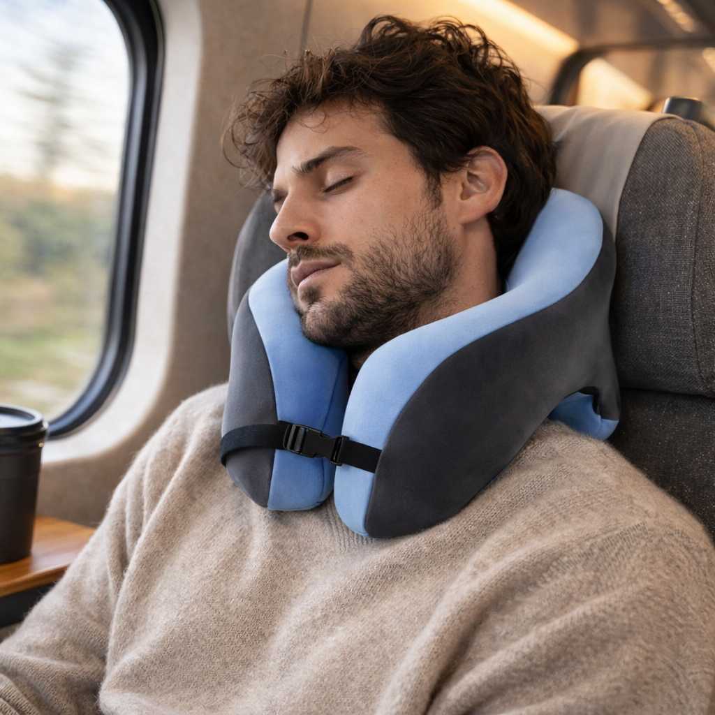 Un homme utilise le Coussin de Voyage 3 en 1​ bleu 