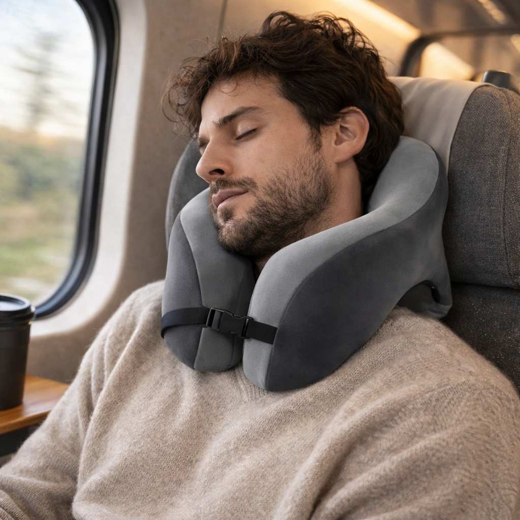 Un homme utilise le Coussin de Voyage 3 en 1​ gris