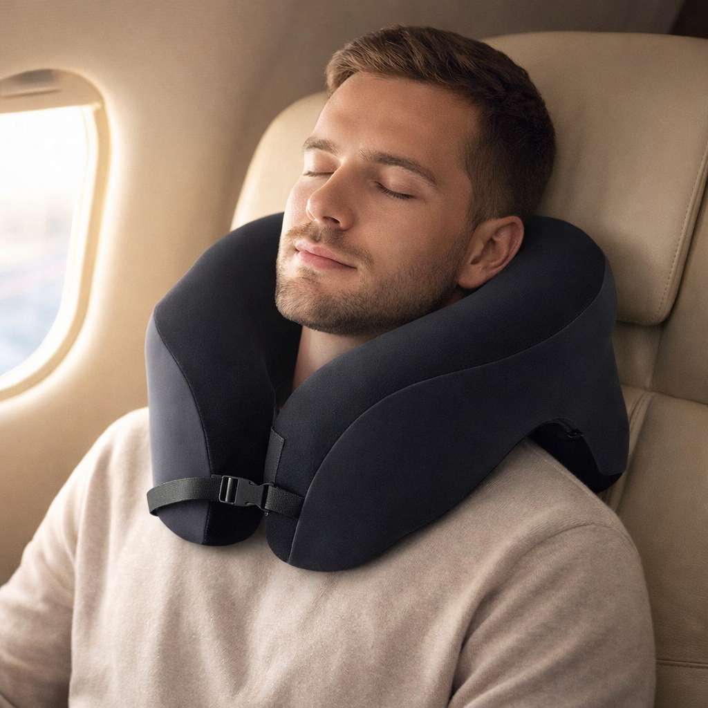 Un homme porte le Coussin de Voyage 3 en 1​ noir 