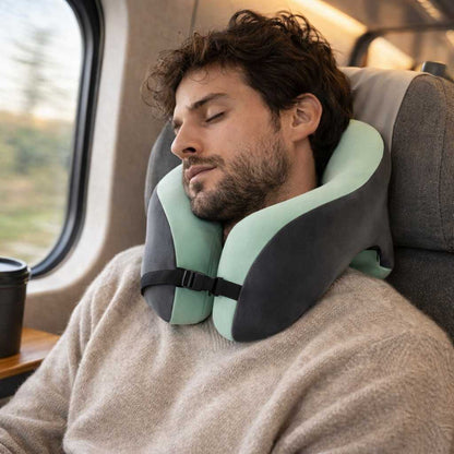 Un homme utilise le Coussin de Voyage 3 en 1​ vert